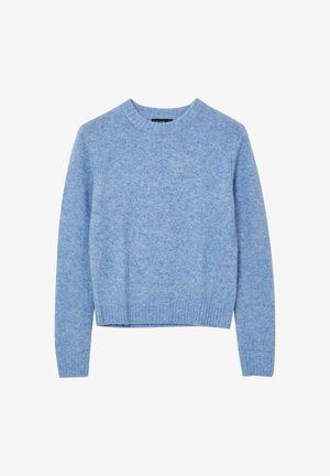 Helles blaues, kurzes Sweatshirt aus weichem Strickstoff. Verfügt über einen runden Halsausschnitt sowie gerippte Bündchen und Saum. Keine Muster oder Verzierungen.