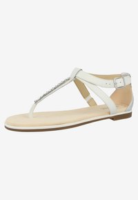 Sandali piatti bianchi con design a T, caratterizzati da dettagli in argento e abbellimenti con pietre brillanti, soletta testurizzata e una cinghia alla caviglia sicura.