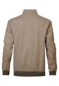 Béžová bomber bunda s límcem, žebrovanými manžetami a lemem. Hladká látka s mírně lesklou texturou. Bez viditelných zapínání nebo vzorů.