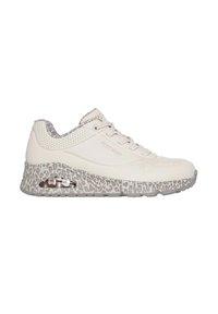 White sneaker with a smooth leather upper, perforated accents, and a textured gray leopard print sole. Features a visible air unit.