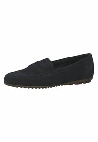 Marineblaue Wildleder-Loafer mit flacher Gummisohle, die über ein gesticktes Design und einen horizontalen Riemen über dem Obermaterial für Details verfügen.