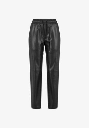 Pantaloni neri in ecopelle con una vestibilità rilassata, vita elastica, cordino e gambe affusolate, con dettagli di cucitura e senza tasche.