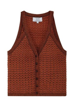 Chaleco de punto sin mangas color óxido con botones en la parte delantera y patrón de chevrones, con etiqueta de la marca "Scalpers" en el interior del cuello.
