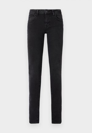 Černé skinny džíny vyrobené z denimu, s klasickým pětipocket designem, poutky na opasek a knoflíkovým zapínáním v pase.