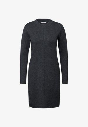 Robe longue à manches longues gris foncé en tissu tricoté, avec un col rond et un design simple agrémenté de détails de couture verticaux.