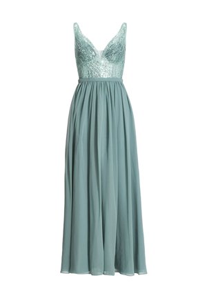 Lange, mintgroene jurk met een met pailletten versierde bovenkant, V-hals en vloeiende rok. Het materiaal lijkt lichtgewicht met een gatherdetail in de taille.