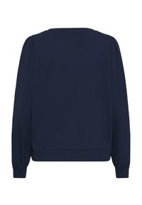 Marineblauer Pullover mit langen, aufgepufften Ärmeln und rundem Ausschnitt. Glatter Stoff mit lockerem Sitz und gerippten Bündchen.