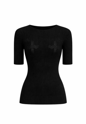 Maglione nero aderente a coste con maniche corte, piccole perforazioni a forma di croce sulla zona del petto e scollo rotondo.