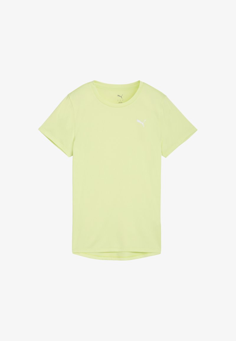 T-shirt de sport vert clair à manches courtes avec col rond et petit logo Puma blanc sur le côté gauche de la poitrine.