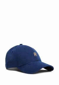 Cappellino da baseball in cotone blu navy con visiera curva e logo dorato sul davanti. Presenta sei fori di ventilazione e una texture morbida.