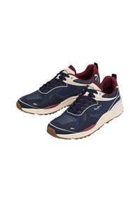 Tamsiai mėlyni sportiniai bateliai su tinklelio dizainu, bordo spalvos akcentais, kreminiais detalėmis, gumine padu ir raudonomis raištelėmis. Turi paminkštintą apykaklę ir liežuvėlį.