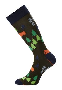 Knæhøje sokker i mørkegrøn med legende mønstre af træer og fodspor. Har en navy ribbet kant og varierede dyremotiver i klare farver.