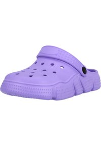 Lila Clog aus leichtem Kunststoff, mit belüfteten Löchern, konturiertem Design und einem Riemen hinten für einen sicheren Halt.