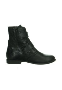 Schwarze Knöchelschuh aus strukturiertem Leder mit gemustertem Seitenteil, ausgestattet mit einem inneren Reißverschluss und zwei verstellbaren Riemen an der Vorderseite.