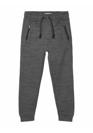 Ciemnoszare spodnie dresowe z elastyczną talią, czarno-białymi sznureczkami i zamykanymi na zamek kieszeniami po obu stronach.
