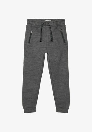 Pantalon de jogging gris foncé avec taille élastique, cordons noirs et blancs, et poches zippées des deux côtés.