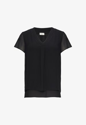Czarna bluzka z krótkim rękawem, z dekoltem w kształcie litery V, z plisowanymi detalami i przezroczystą warstwą materiału. Gładka tekstura i luźny fason.
