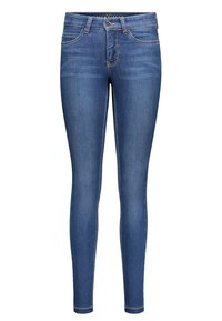 Blå denim skinny jeans med middels høy midje, med en front knapp lukking, fem-lomme design og kontraststing aksenter.