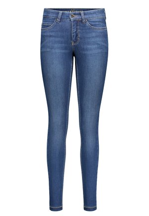 Blaue Denim Skinny Jeans mit mittelhohem Bund, ausgestattet mit einem vorderen Knopfverschluss, einem Fünf-Taschen-Design und kontrastierenden Steppnähten.