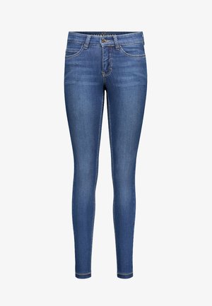 Blaue Denim Skinny Jeans mit mittelhohem Bund, ausgestattet mit einem vorderen Knopfverschluss, einem Fünf-Taschen-Design und kontrastierenden Steppnähten.