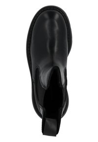 Bottines en cuir noir avec des panneaux élastiques sur les côtés, bout arrondi, semelle en caoutchouc et une languette à l'arrière pour un enfilage facile. Texture lisse sur l'ensemble.