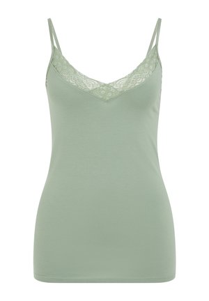 Lichtgroene damescamisole met kanten bies langs de V-hals en dunne, verstelbare schouderbandjes.