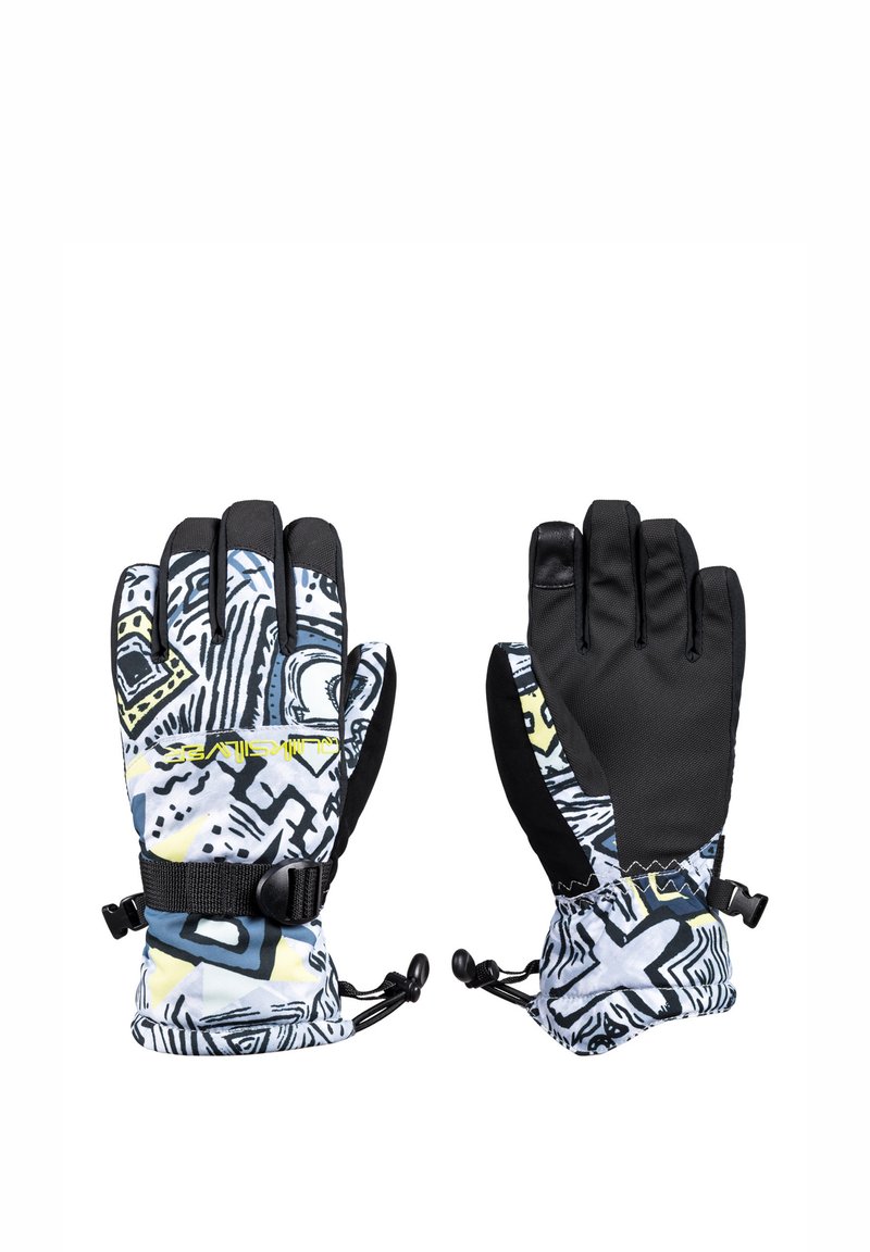 Isolierte Handschuhe mit einer schwarzen Handfläche und einem bunten, abstrakten Musterstoff auf dem Handrücken. Enthält verstellbare Handgelenkschnallen und geraffte Bündchen.