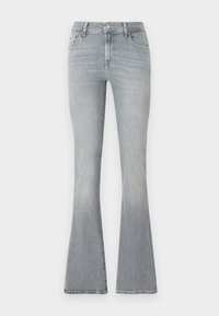 Jeans a campana in denim grigio chiaro. Alta vita, con una leggera sfumatura dal top all'orlo. Design classico a cinque tasche e chiusura con bottone metallico.