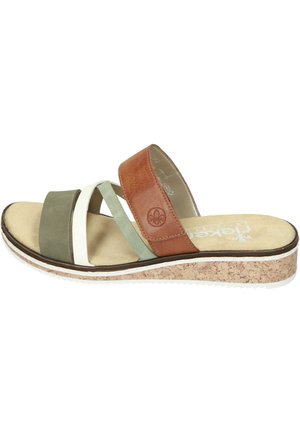 Pantolette flach - olive offwhite mint cayenne