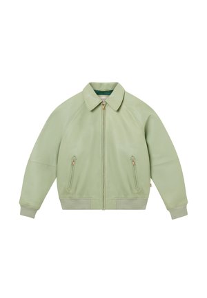 Light green zip-up jacket with a collar, two zippered front pockets, and ribbed cuffs and hem.