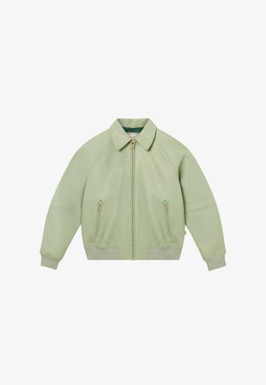 Giacca verde chiaro con zip, collo, due tasche frontali con zip e polsini e orlo a coste.