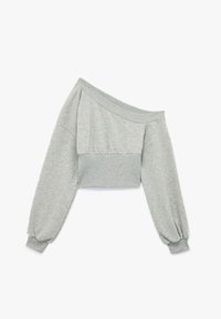 Grijze cropped sweatshirt met één off-shoulder ontwerp, lange pofmouwen en geribbelde manchetten. Zachte stof met een gladde textuur.