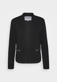 Černá zipová bundu vyrobenou z texturované tkaniny, s límcem, dvěma diagonálními zipy na přední straně a přiléhavým střihem.