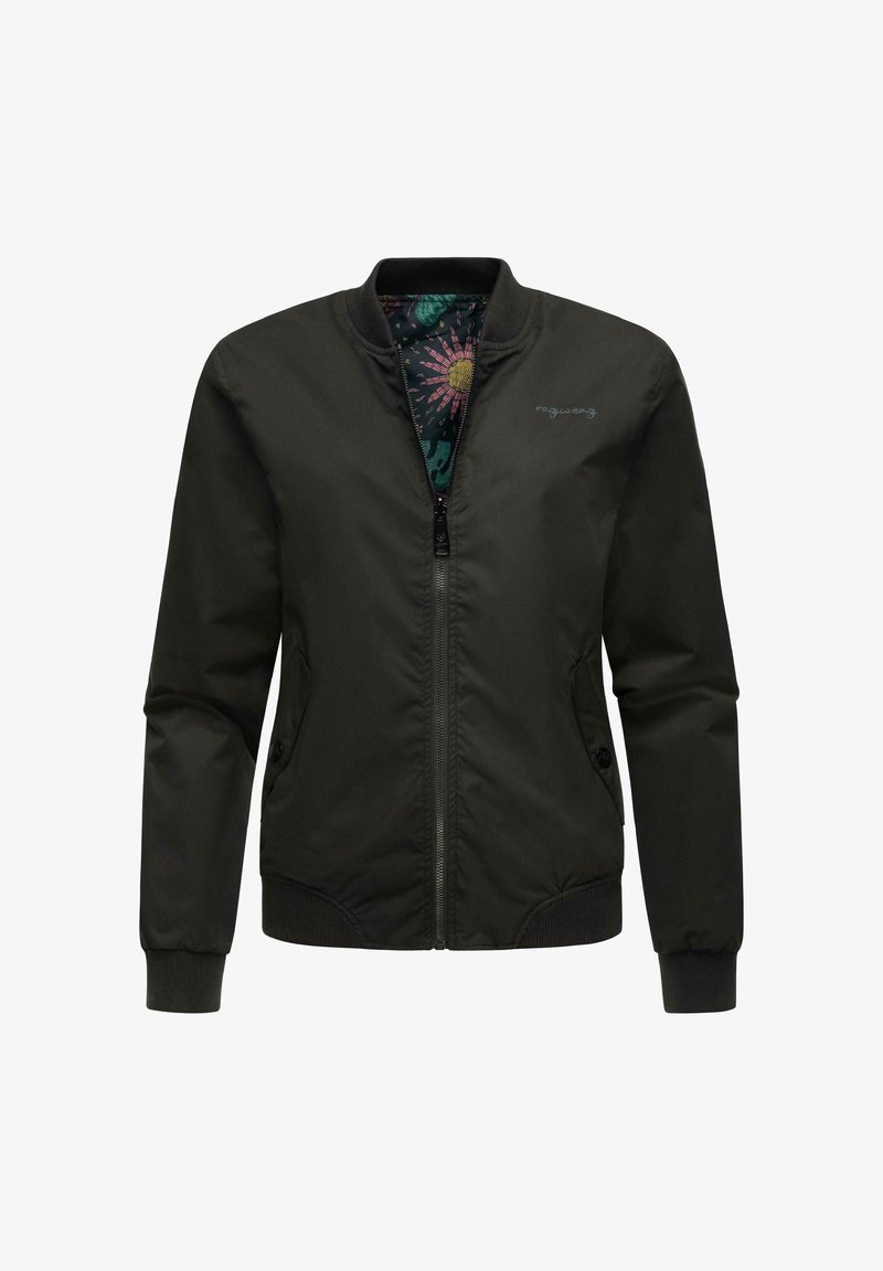 Giubbotto bomber verde scuro con zip frontale, polsini a coste e una fodera interna decorata con motivi di sole e luna.