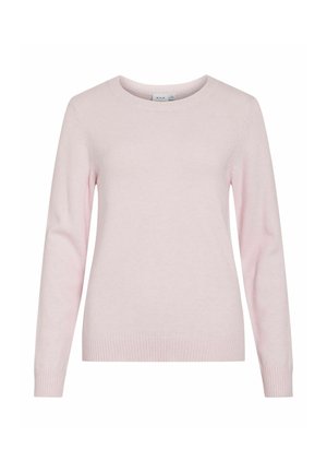Pull en maille rose clair à manches longues avec encolure ronde et poignets et ourlet côtelés, présenté sur un fond blanc.