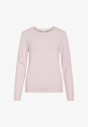 Svetlo roza dolg rokav pleten pulover z okroglim izrezom in rebrastimi manšetami ter spodnjim robom, prikazan na belem ozadju.