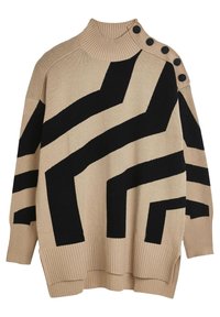 Beige trui met een gedurfde zwarte zigzagpatroon, hoge ribgebreide hals, en zwarte knoopaccenten op de schouder. Zachte gebreide stof met ribgebreide zoom.