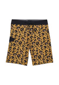 Shorts de bain à imprimé léopard avec ceinture noire, cordon de serrage à l'avant et poche latérale sur fond blanc.