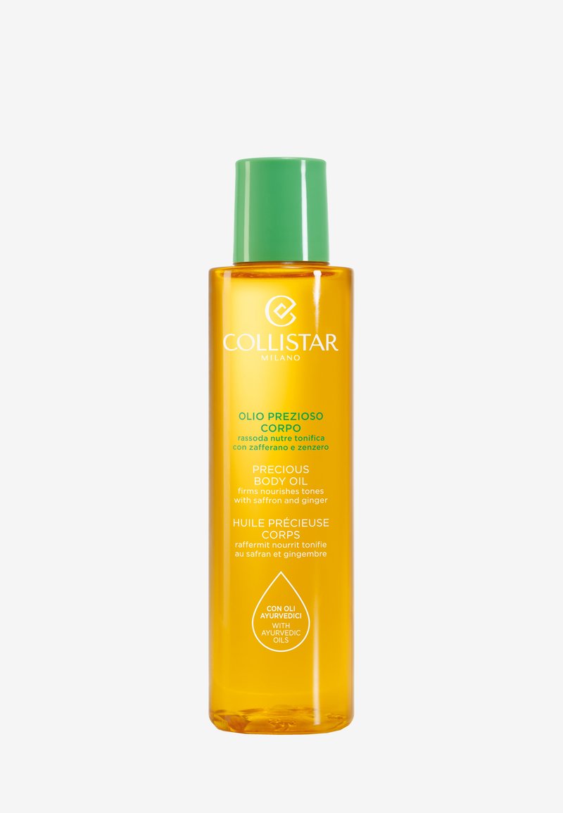 Collistar Precious Body Oil i en klar, cylindrisk flaska med ett grönt lock. Innehåller gulddolja; etiketterna visar produktinformation på tre språk.