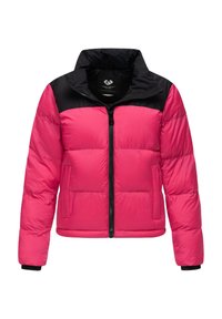 Giacca piumino con corpo rosa acceso e parte superiore nera, caratterizzata da una chiusura con zip, colletto alto e due tasche laterali.