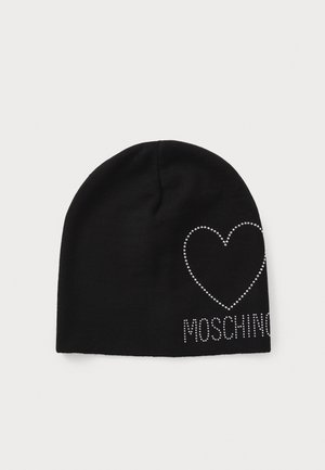 Must värvi kudum, millel on rhinestone südame disain ja sõna "MOSCHINO" rhinestone'ides, pakub pehmet tekstuuri ja lähedalt keha formeerivat kuju.
