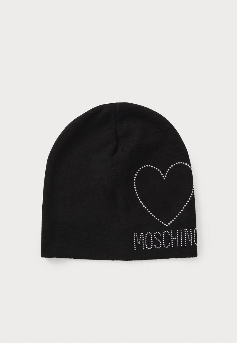Must värvi kudum, millel on rhinestone südame disain ja sõna "MOSCHINO" rhinestone'ides, pakub pehmet tekstuuri ja lähedalt keha formeerivat kuju.