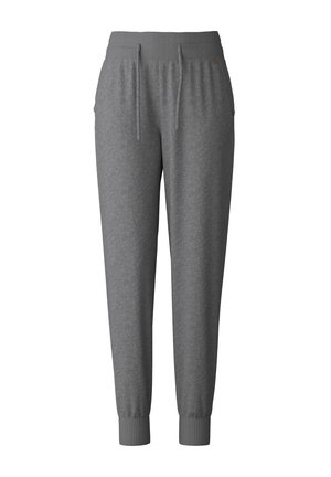 Pantalon de survêtement gris en tissu doux avec une taille élastique, cordon de serrage et poignets côtelés. Il dispose de poches latérales et d'un logo discret.