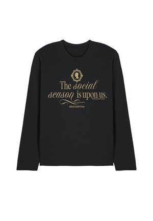 Black long-sleeve shirt with gold text reading "The social season is upon us" and "Bridgerton" below a decorative silhouette frame.