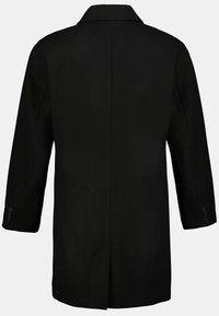 Cappotto di lana nera con colletto a risvolto, taglio dritto e polsini con bottoni, dotato di una fessura sul retro. Tessuto liscio e colore uniforme.