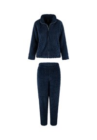 Marineblaue Fleece-Loungewear-Set bestehend aus einer Zip-Jacke mit hohem Kragen und passenden Hosen mit elastischem Bund, beide im Fischgrätmuster.