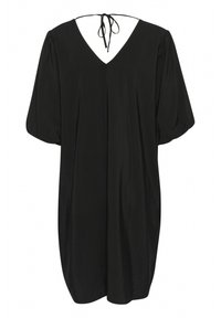 Black dress with a V-neck, short puff sleeves, and a tie closure at the back. Made from a soft, textured fabric. Casual, loose fit design.