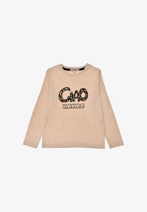 Helles beiges Langarmshirt aus weichem Baumwollstoff, das mit schwarzer "Coo"-Schrift und Akzenten im Leopardenmuster verziert ist und einen runden Ausschnitt hat.