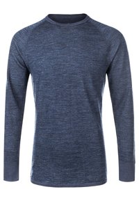 Pitkähihaisen puseron valmistettu tummansinisestä, teksturoidusta kankaasta, jossa on pyöreä kaula-aukko ja raglan-hihoja. Ominaisuuksiin kuuluu hillitty heather-kuvio.