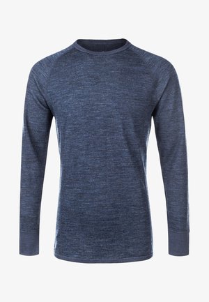 Maglietta a maniche lunghe realizzata in tessuto testurizzato blu scuro con scollatura a girocollo e maniche raglan. Presenta un delicato motivo mélange.